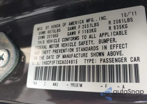 2012 Honda Accord 3.5 Ex из США, поврежденный, VIN 1HGCP3F7XCA004815